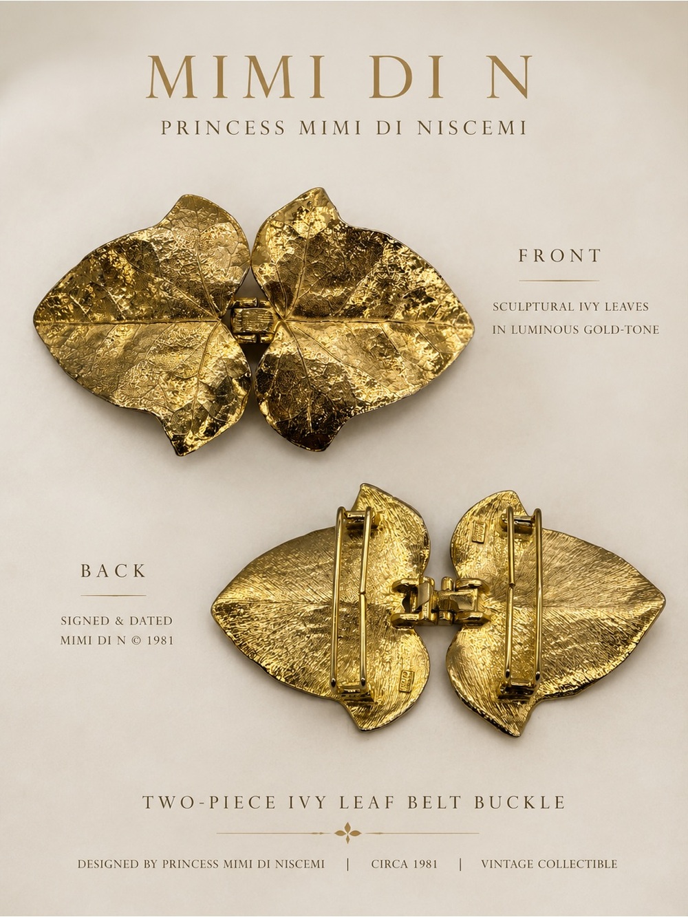 Mimi Di N 1981 Ivy Leaf Two Piece Gold Tone Belt Buckle Vintage